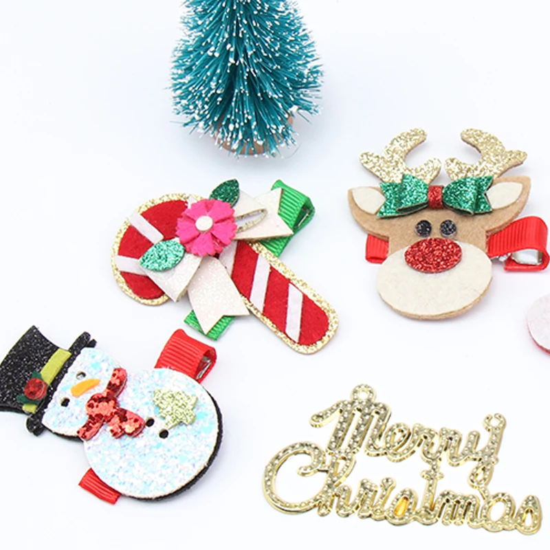 5Pcs//Set Christmas Hair Bow Glitter Snowman Elk Cartoon Hair Clips for Girls