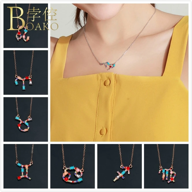 

BOAKO Crystal necklace women zodiac sign chain necklace constellation birthday horoscope chokers necklace girl sweater chain Z5