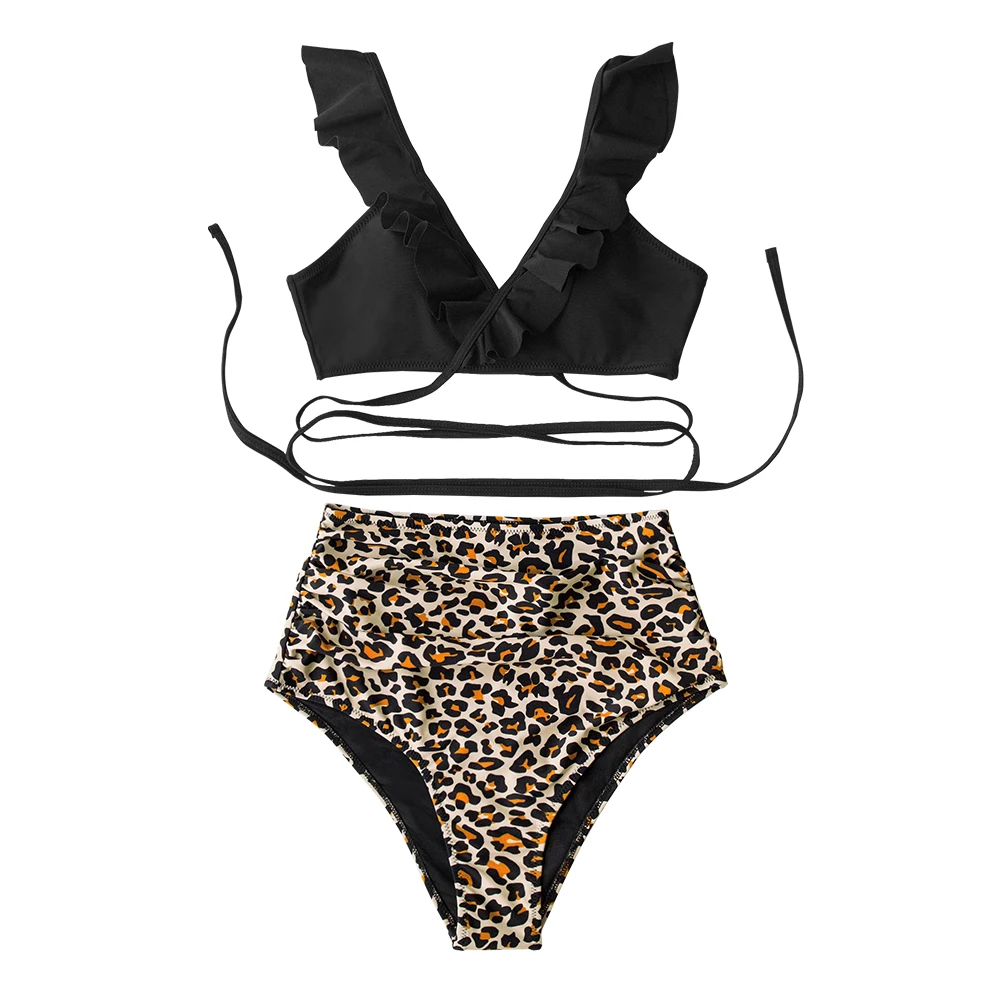 SEASELFIE Black and Leopard Falbala Bikini Sets Women Sexy Lace Up High-waisted Bikini Two Pieces Swimsuits 2020 Swimming Suit