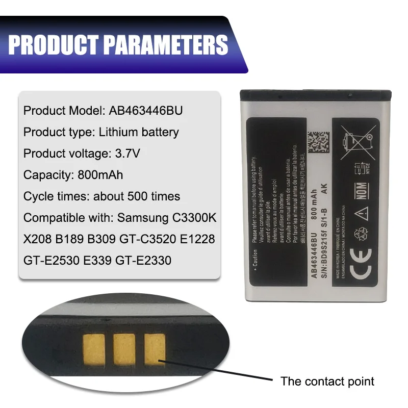 1PCS AB463446BU AB553446BU X208 Battery For C3300K B189 B309 GT-C3520 E1228 GT-E2530 E339 GT-E2330 Battery x208 AB043446BE button cell battery Batteries