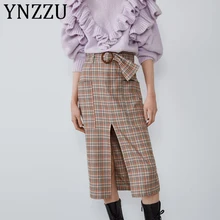 YNZZU элегантные длинные юбки с разрезом для женщин Новинка Высокая талия плед очаровательный костюмчик для свиданий Карманы Женская прямая юбка низ AB232