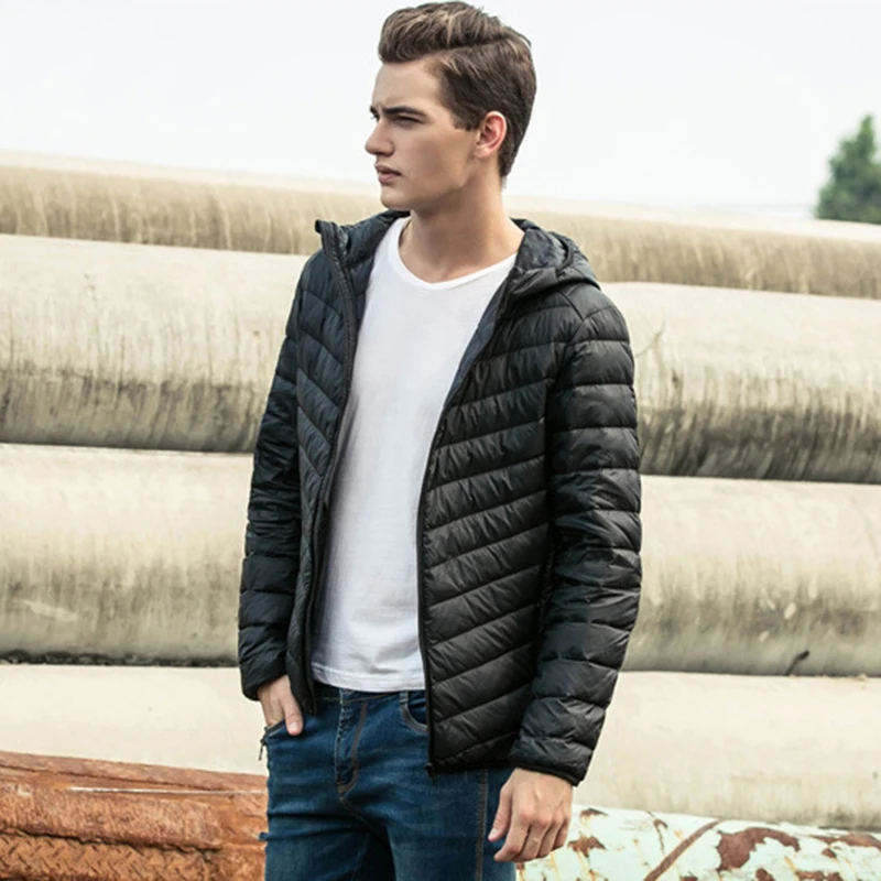 

Autumn Mens Hooded Jackets Warm Duck Down Filler Fashion Light Thin Style Plus Size:S-7XL 2019 Spring Male Basic Coats Black