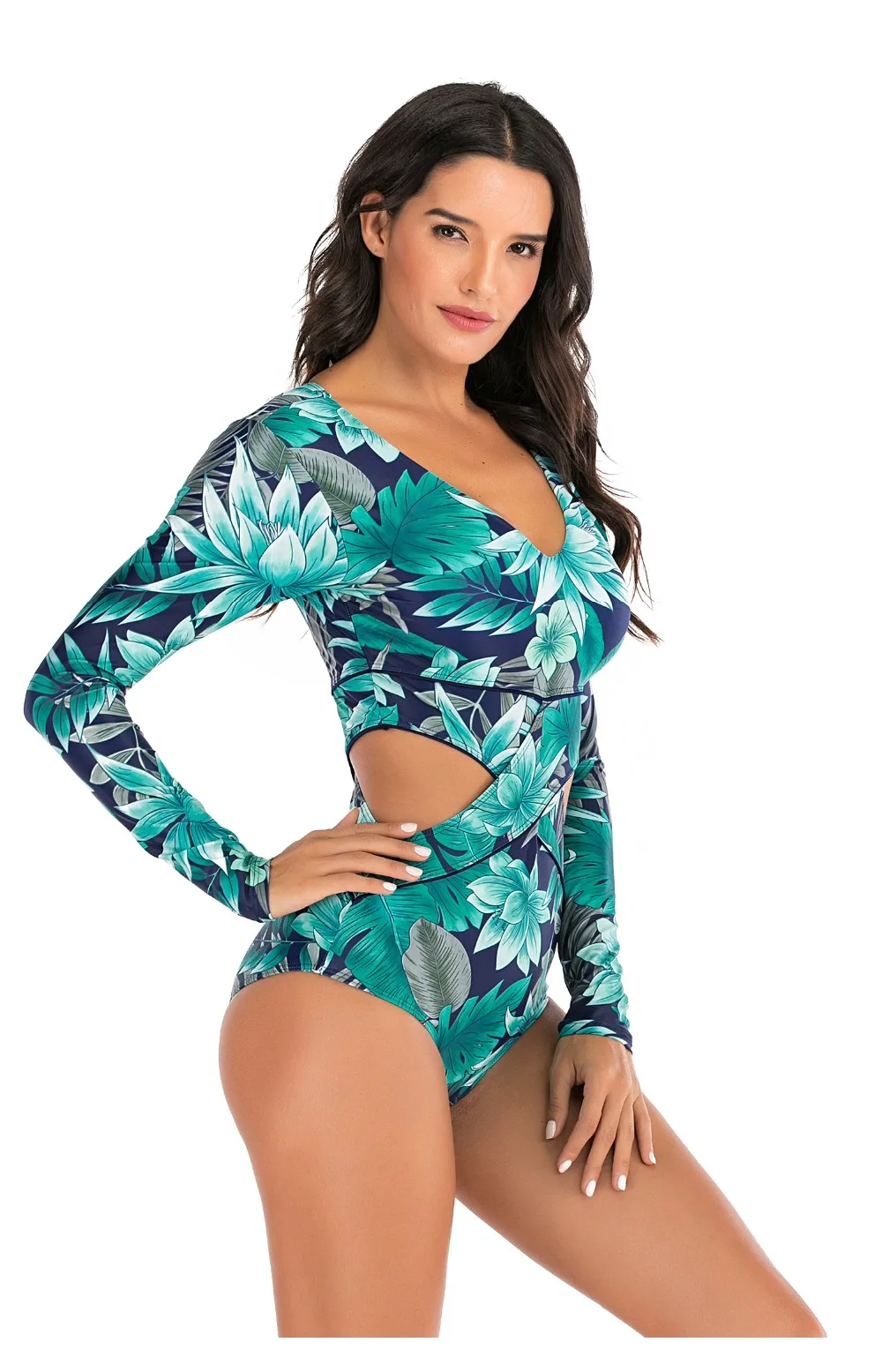 Lady One Piece Swimsuit Print long Sleeve Women zipper Rash Guard Swimwear Bathing Suit female Surfing Swimming Suit