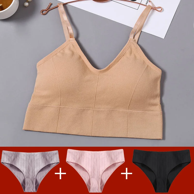 Tank Crop Top Bra + 3PCS Panties Set Fashion Solid Color Bra Set for Women Intimates Underwear Female Lingerie Casual Bralette - underwear