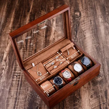 

High-Grade Vintage Wood Jewelry Box Necklace Ring Bracelet Jewelry Storage Box Double Layer with Lock Yellow Interior