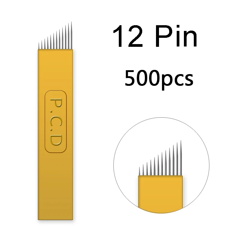500pcs PCD 12pin 500 шт. иглы для микроблейдинга PCD твёрдый 12 Pin Перманентный макияж лопатки для бровей Иглы для татуировки для ручного тату ручка 0,25 мм Золотой - Габаритные размеры: 500pcs PCD 12pin