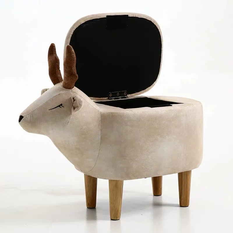 Детские стулья с изображением животных, стулья с оленями, деревянные табуреты ручной работы, плюшевые табуреты с рисунками из мультфильмов, для России - Цвет: Cream with box