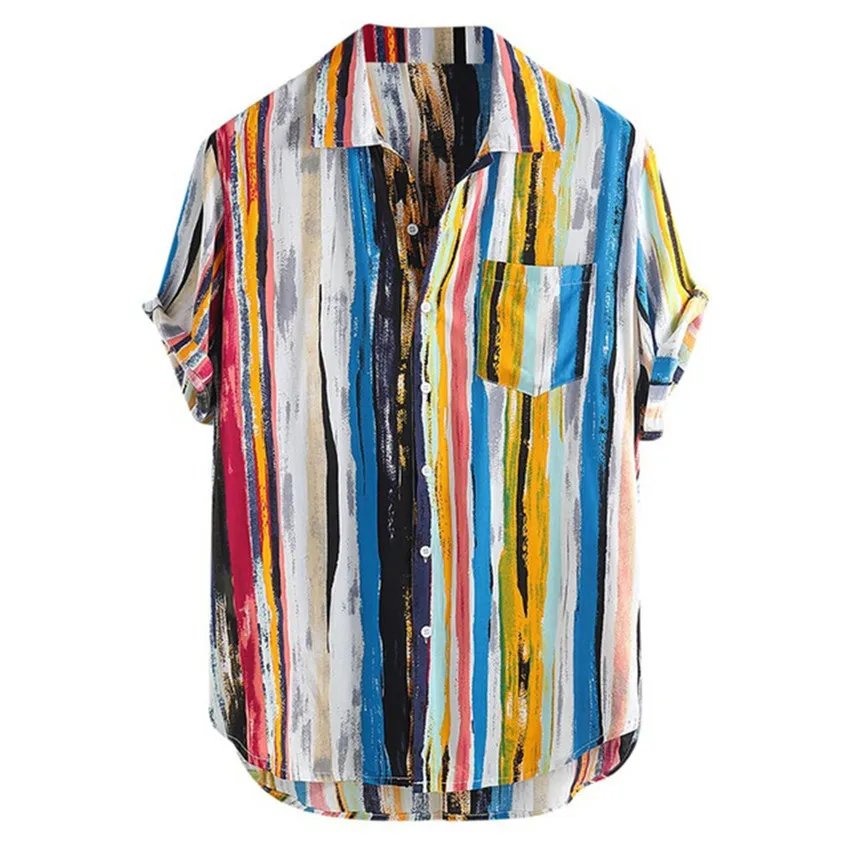 Loose Short Sleeve Shirt Mens Button Down Striped Printed Blouse Summer Casual Tops