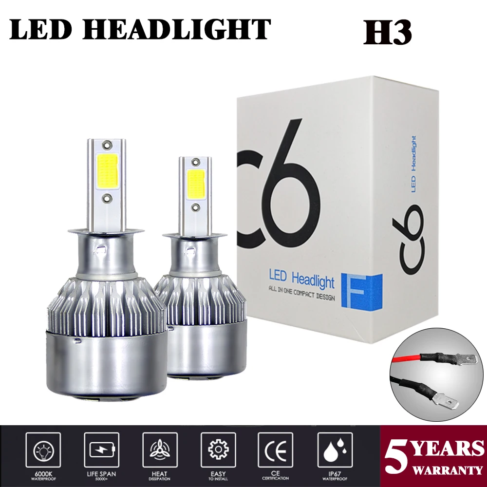 H3 2 шт. C6 комплект автомобильных светодиодных фар Led COB 6000K 36W 8000LM Hi/Lo Beam Turbo Light белые