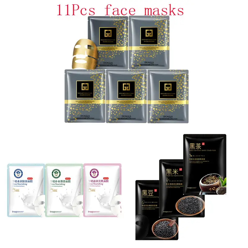 

11Pcs mixed 24K Gold mask milk black beans rice Collagen Face Mask Moisturizing Whitening Anti-Aging Facial Masks face skin care