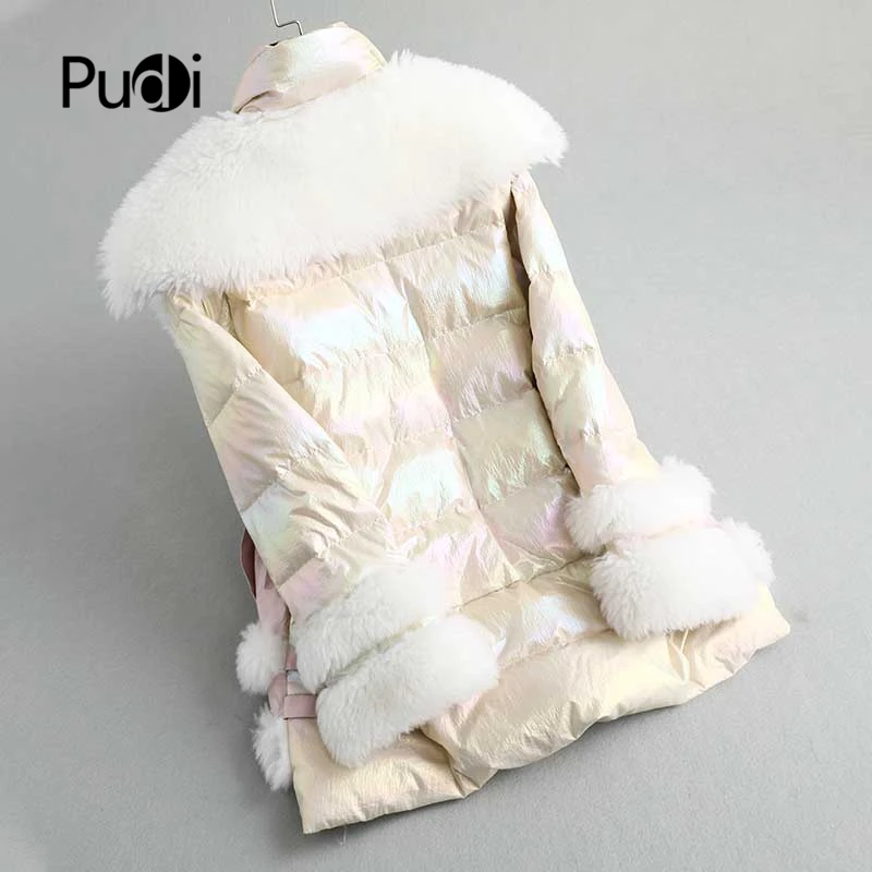 Pudi A59410 Женское зимнее пальто с натуральным овечьим мехом 70% утиный пух, двойной воротник, большой размер, Женская яркая повседневная куртка, парка