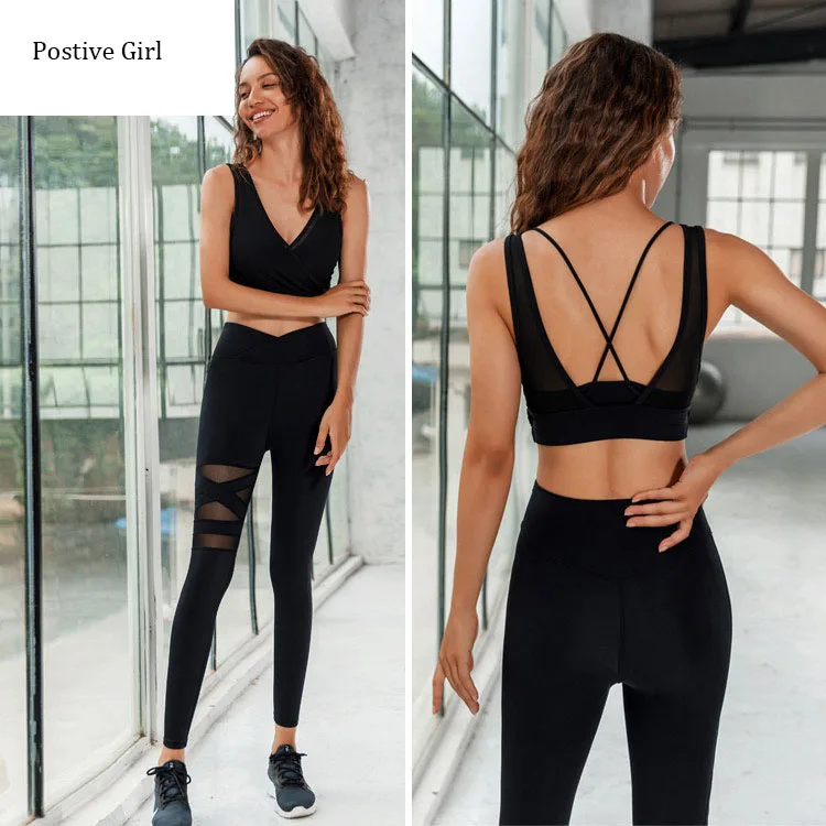 Conjunto esportivo feminino calça legging e sutiã à prova de choque, peças,  roupas para ginástica, ioga, treino