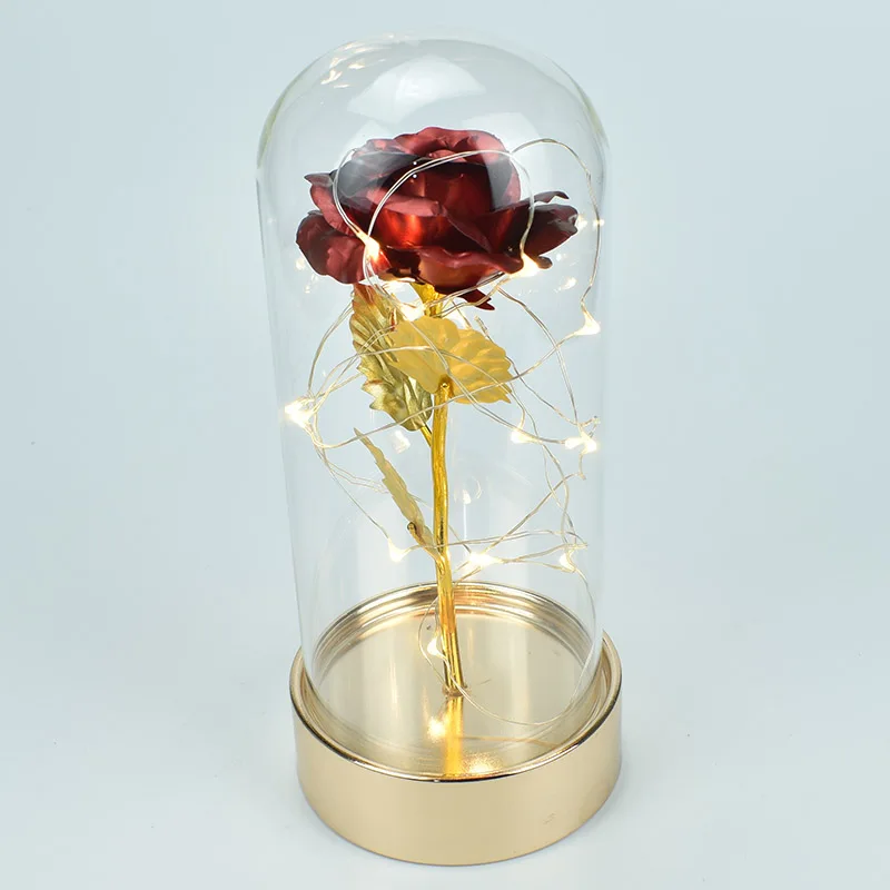 

Gold metal base Beauty and The beast Rose Gold foil rose in glass dome for Valentine's Gifts Christmas LED Rose Lamps Flower