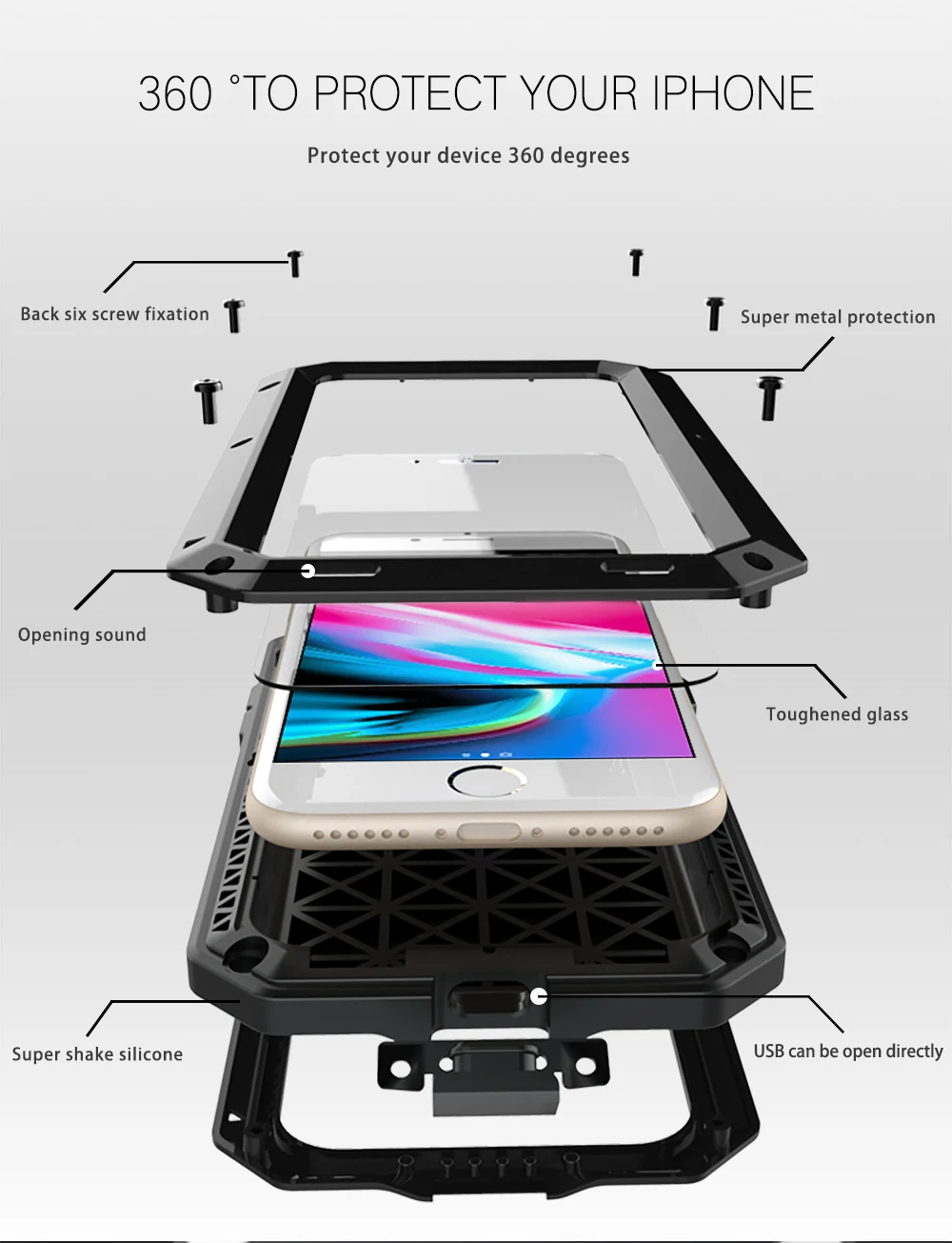 Tempered glass+Metal Aluminum armor phone Case for iPhone 11 Pro XS MAX XR X 7 8 6 6S Plus 5S 5C 5 SE Full Body Shockproof Cover