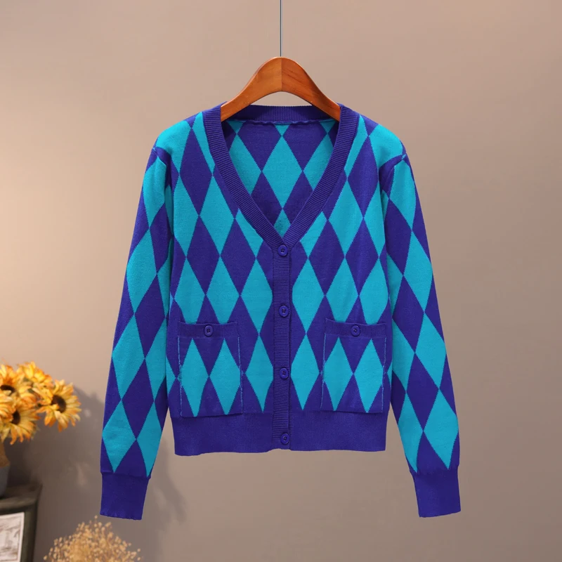 ways diamond color knitting cardigan outside during the spring and autumn outfit new v-neck long-sleeved sweater - Цвет: see chart