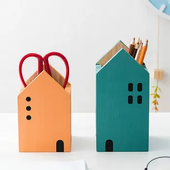 

Wooden Pen Holder House Type Desktop Stationery Storage Boxes Pencil Pot Container Makeup Brush Storage Holder Organizer Decor
