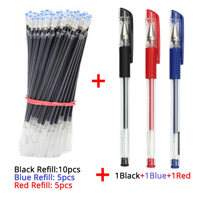Recharge de stylos Gel 3 + 20 pièces/ensemble, encre noire bleue rouge, pointe de balle 0.5mm, papeterie fournitures scolaires