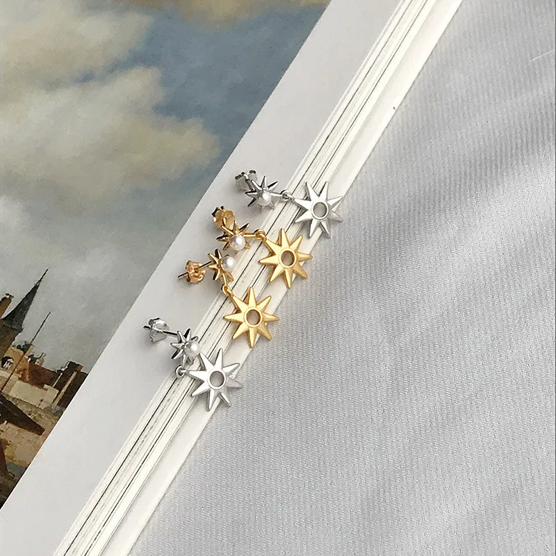 RUIYI Real 925 Sterling Silver Women Cold Wind Fashion Hexameron Charm Earrings Girls Young Niche Sunflower Pearl Stud Earrings