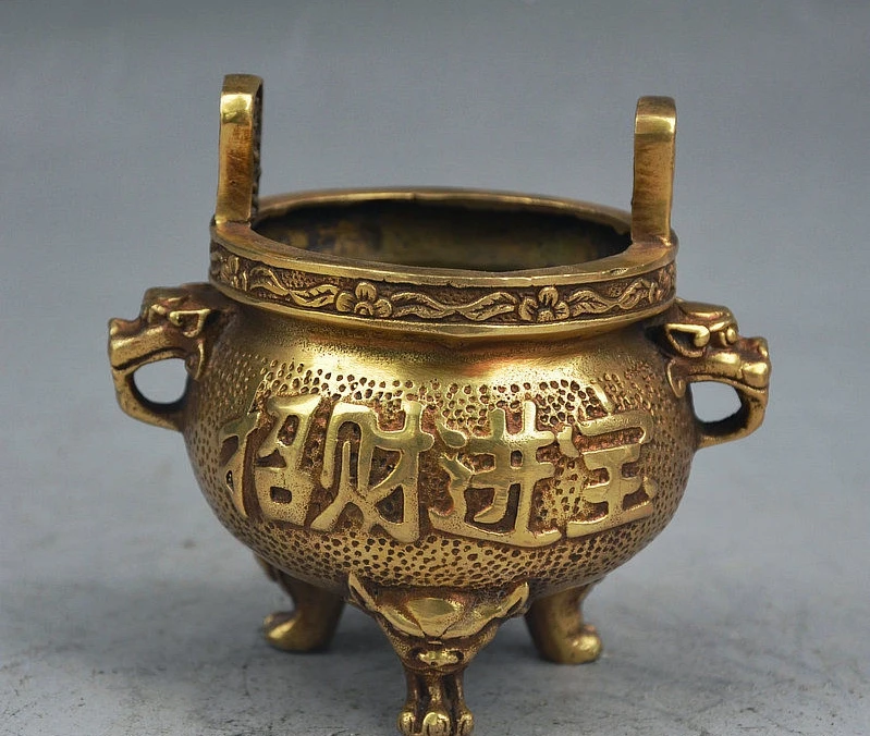 4&quot China Buddhism FA Brass Wealth Dragon Head Tripod Incense Burner Censer | Дом и сад