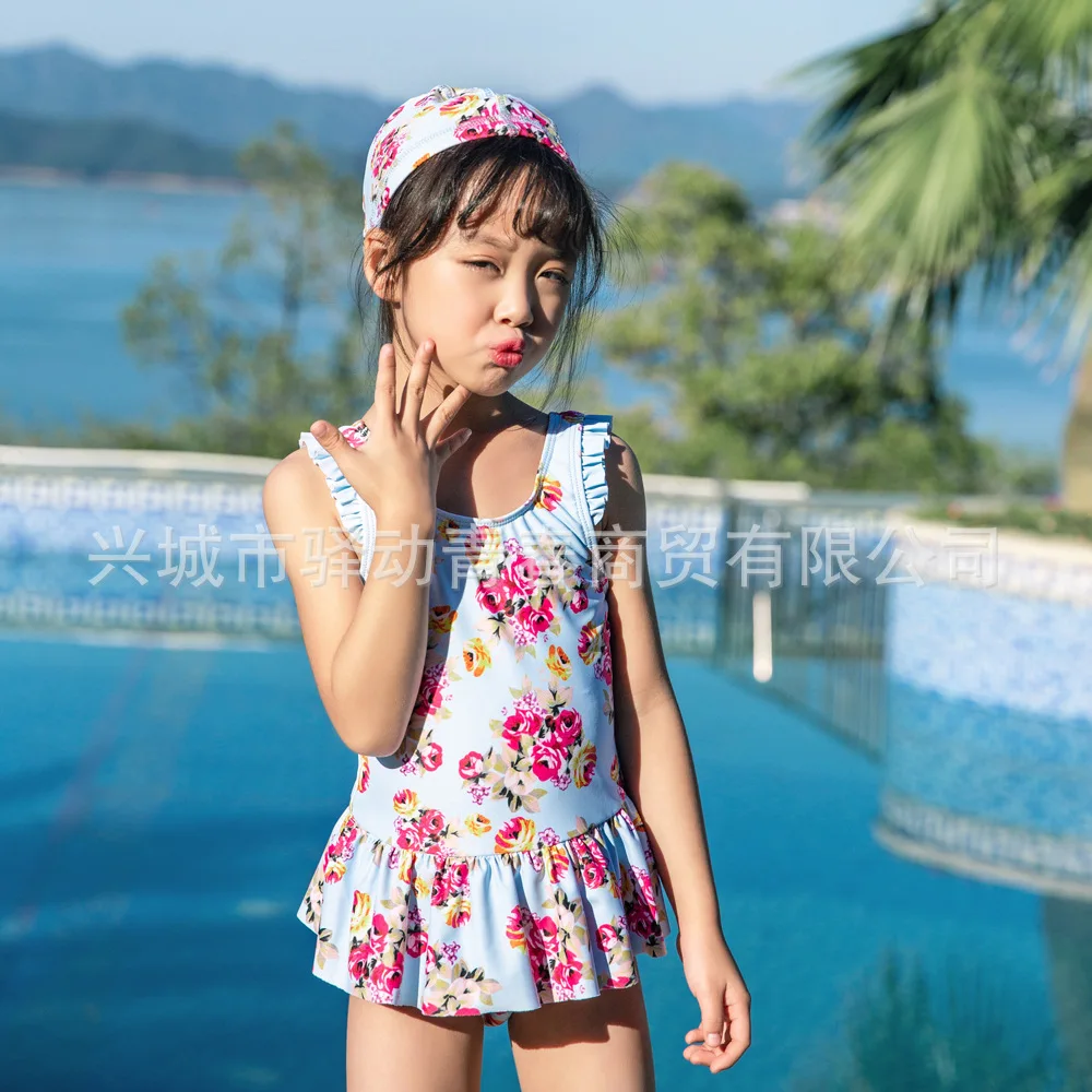 

Export Children Siamese Swimsuit Female Baby Floral Skirt-GIRL'S Swimsuit Send Swim Cap