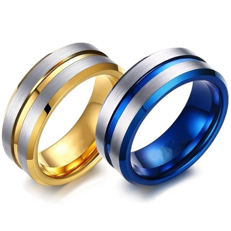 FDLK-New-Fashion-8mm-Stainless-Steel-Blue-Groove-Ring-Gold-Stripe-Mens-Tungsten-Wedding-Bands