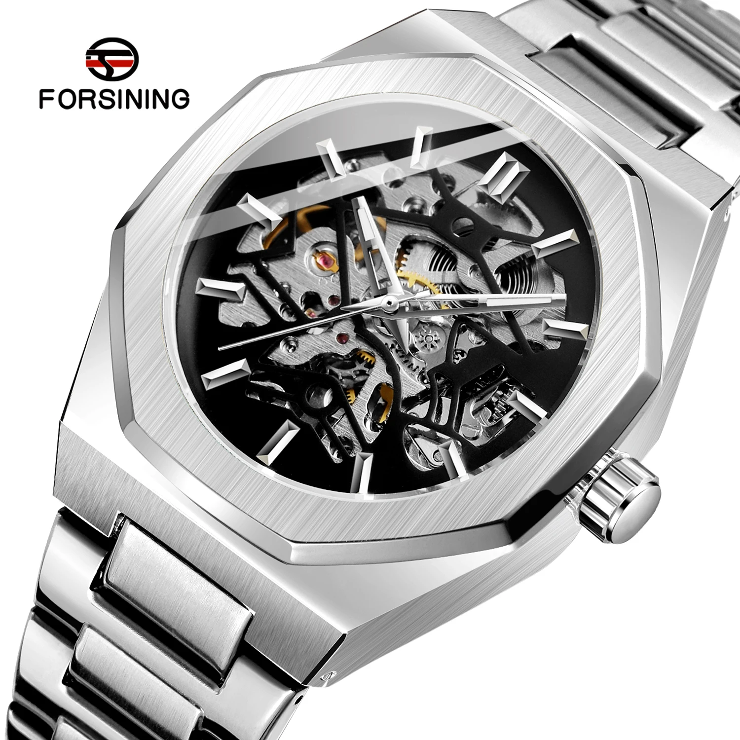 Men mechanical watch skeleton automatic stainless steel