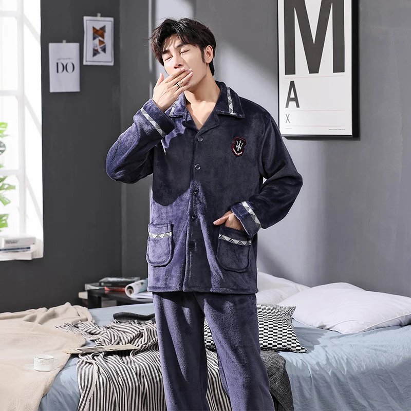 Mens Thick Warm Winter Pajamas Men Fleece Long-sleeved Trousers Pajama Sets Warm Sleepwear Suits Plus Size 3XL Man Home Clothes