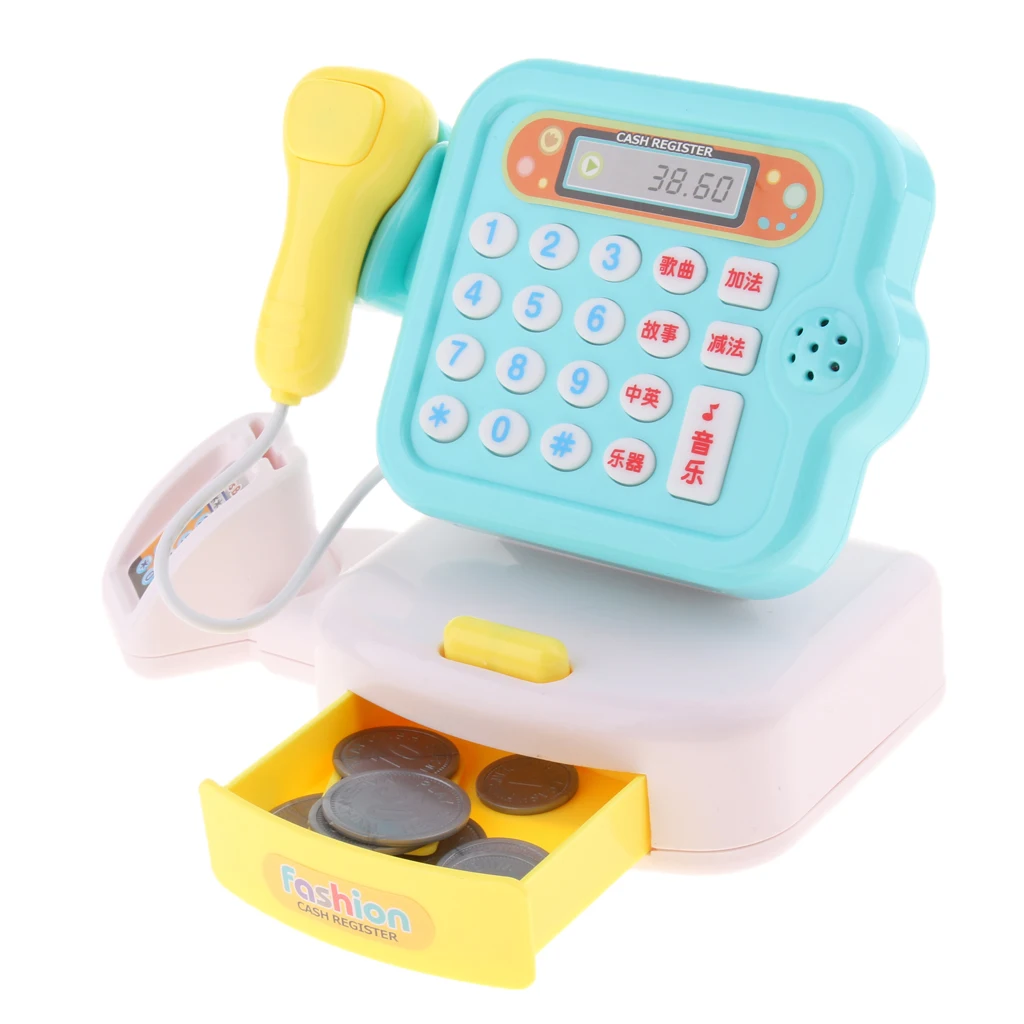 Durable Cash Register Toy for  | with Electronic Sounds, Microphone, Calculator, Cashier Toy, Play Money, & Grocery Toys