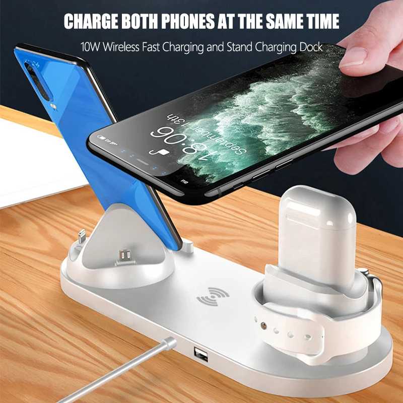 6 in1 10W Wireless Charger Stand Dock for iPhone 11 Pro Xs Max 8 X Fast Wireless Charging for Apple Watch 5 4 3 2 Airpods Pro 2