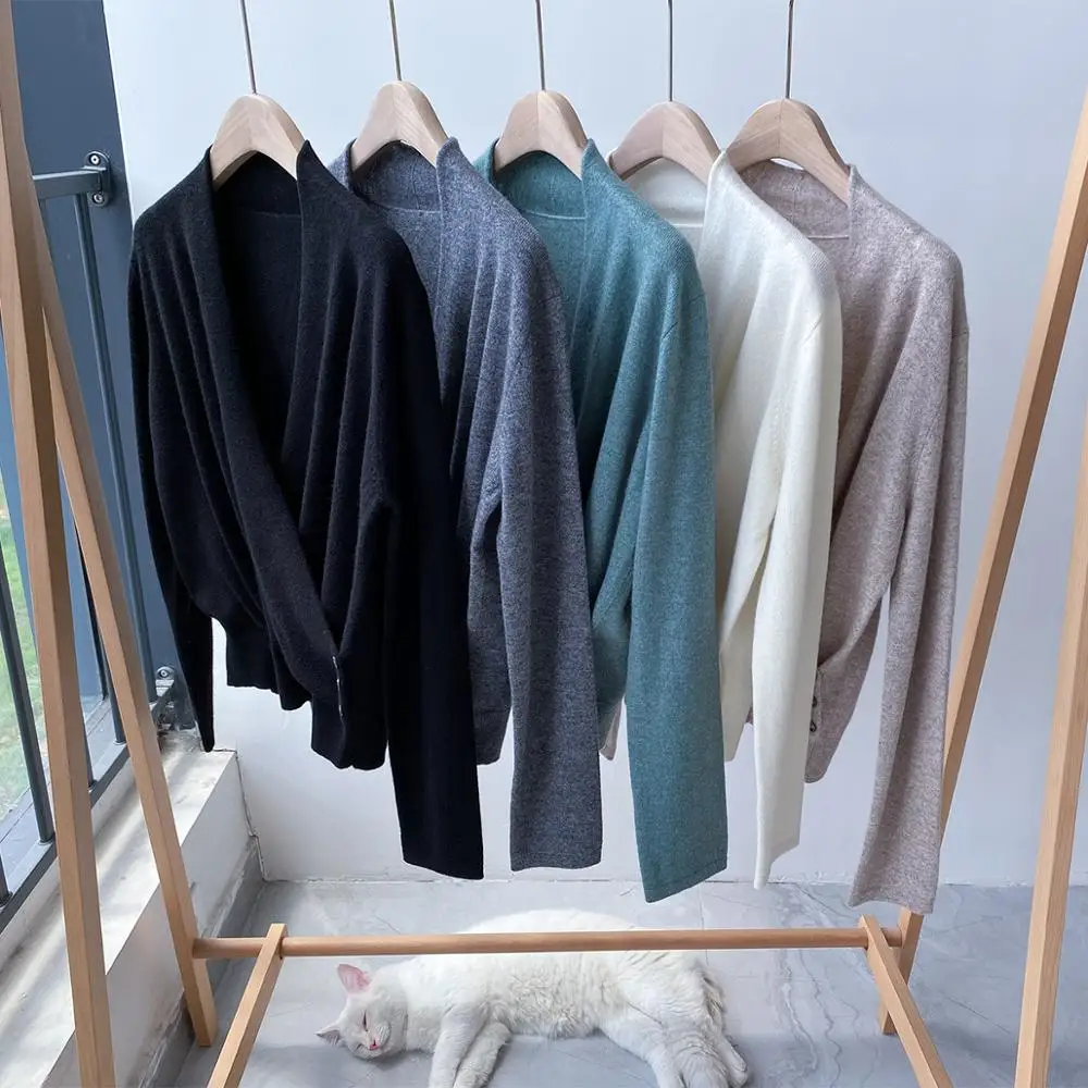 Women's 100% Cashmere Sweater Cross V-neck Solid
