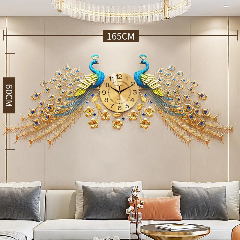 Large Golden Peacock Wall Clock Luxury Home Decor Silent Wall Clocks