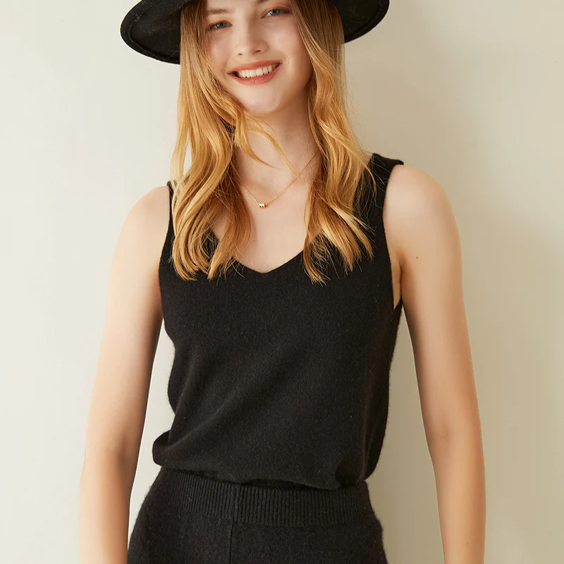 

LONGMING Women Sweater Vest 100% Cashmere Autumn Knitting Vest V-neck Sexy Winter Warm Wool Vest Sleeveless Knit Top Solid Y2K