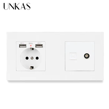 

UNKAS Plastic Panel EU Standard Electric Socket With Dual USB + Female TV Connector With CAT5E RJ45 Internet Computer Data