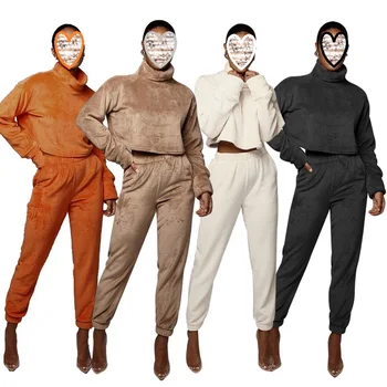 

Pure Color Women Casual 2 Piece Set Autumn Winter Simple Nice Outfits Turtleneck Top And Long Pants Berber Fleece Suit
