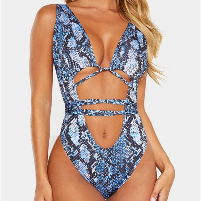 Snake Print One piece Swimsuit Lace up Swimwear Women Sexy 2020 Bathing Suit High cut Brazilian Monokini with Padded |