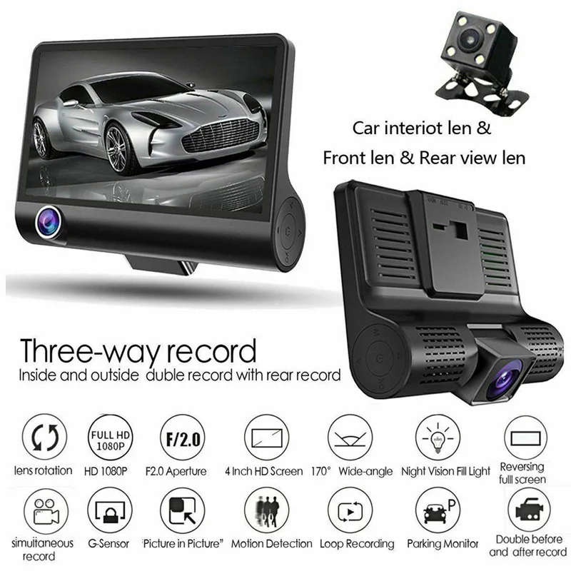 4 дюйма 1080P HD 170 градусов 3 объектив Автомобильный видеорегистратор для вождения g-сенсор рекордер камера заднего вида для всех без мертвых кончиков
