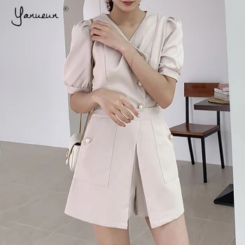 

Yanueun Summer Women Set Short Puff Sleeve V Neck Tops+ Solid Shorts 2 Piece set For Lady Office Wear