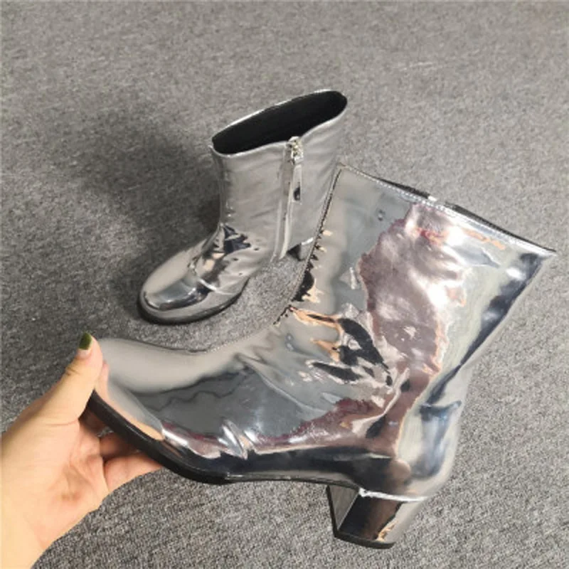 

Italian West Women Chunky Low Heel Metallic Mirror Silver Sheepskin Lined Ankle Boots Size Zip Plus Size52 Pumps Female