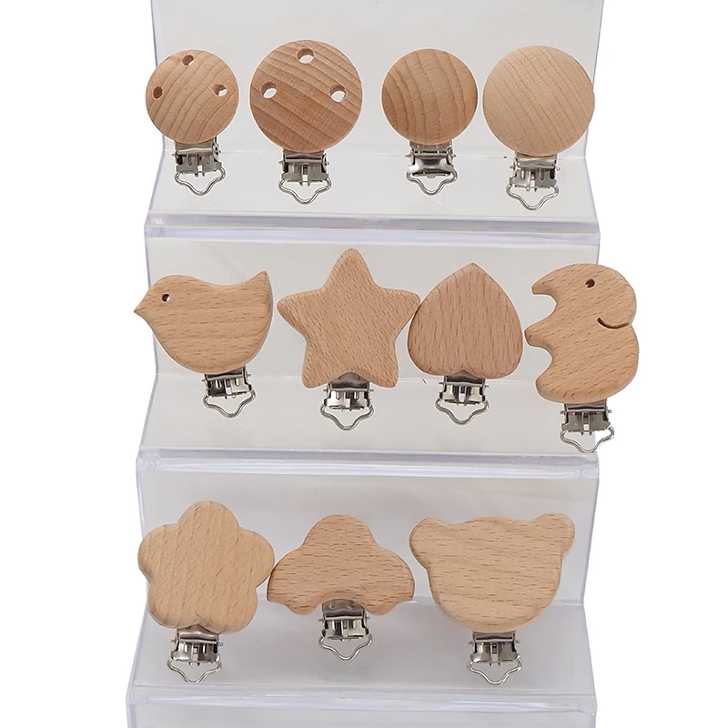 Chenkai 50PCS Wooden Bear Flower Car Heart Bird Elephant Round Star Clips BPA Free For DIY Baby Nature Pacifier    Chain Gifts