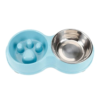

Dog Double Bowl Wheat Straw Stainless Steel Slow Food Pet Bowls Feeding and Drinking Small Dogs Cat Feeders Cat Pet Products