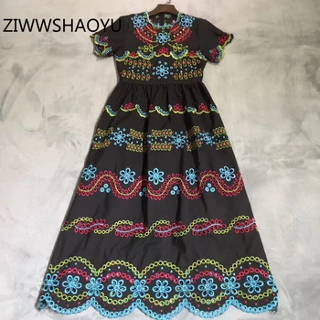 

ZIWWSHAOYU Women Summer Hollow Out Embroidery Vintage Dress Fashion Designer Ladies Short Sleeve Ruched High Waist Long Dresses