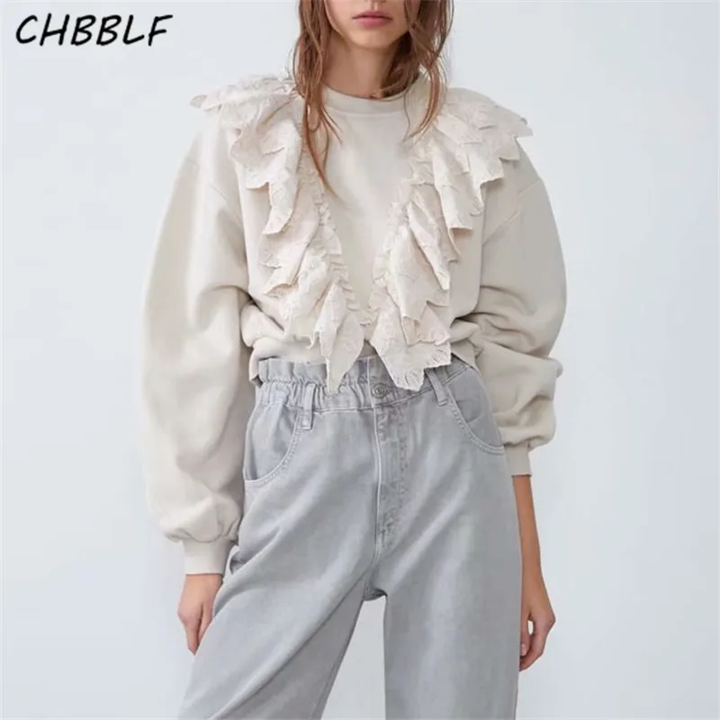 CHBBLF женские стильные милые однотонные толстовки с круглым воротником и длинным рукавом, кружевные лоскутные женские пуловеры в консервативном стиле, топы CDC9443