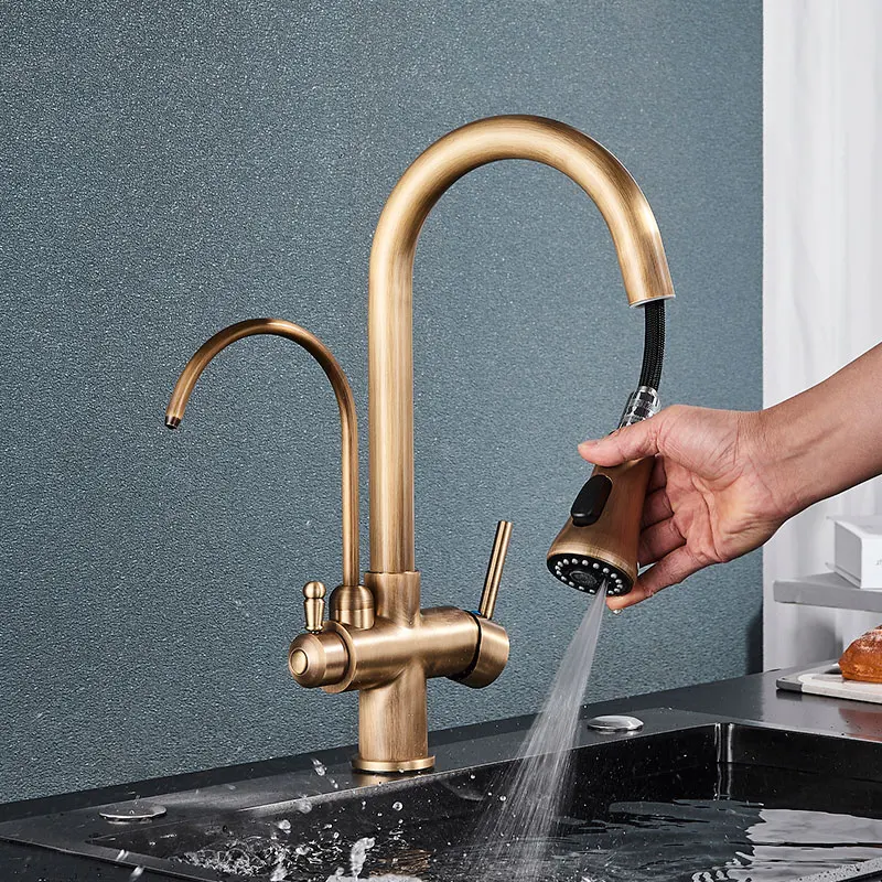 Hownifety Antique Brass Sensor Kitchen Faucets Cold Hot Water Filter Sink Mixer Crane Tap Pull Out Smart Touch Control Tapware ceramic kitchen sink