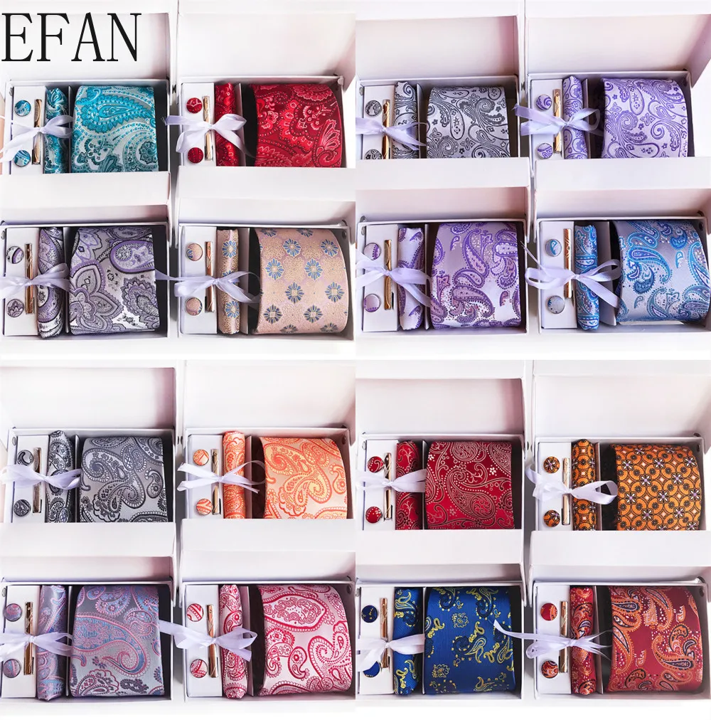 

Luxury Ties for Men Paisley Silk Jacquard Woven Tie Handkerchief Cufflinks&clips Gift Box Set Wedding Party Neck tie