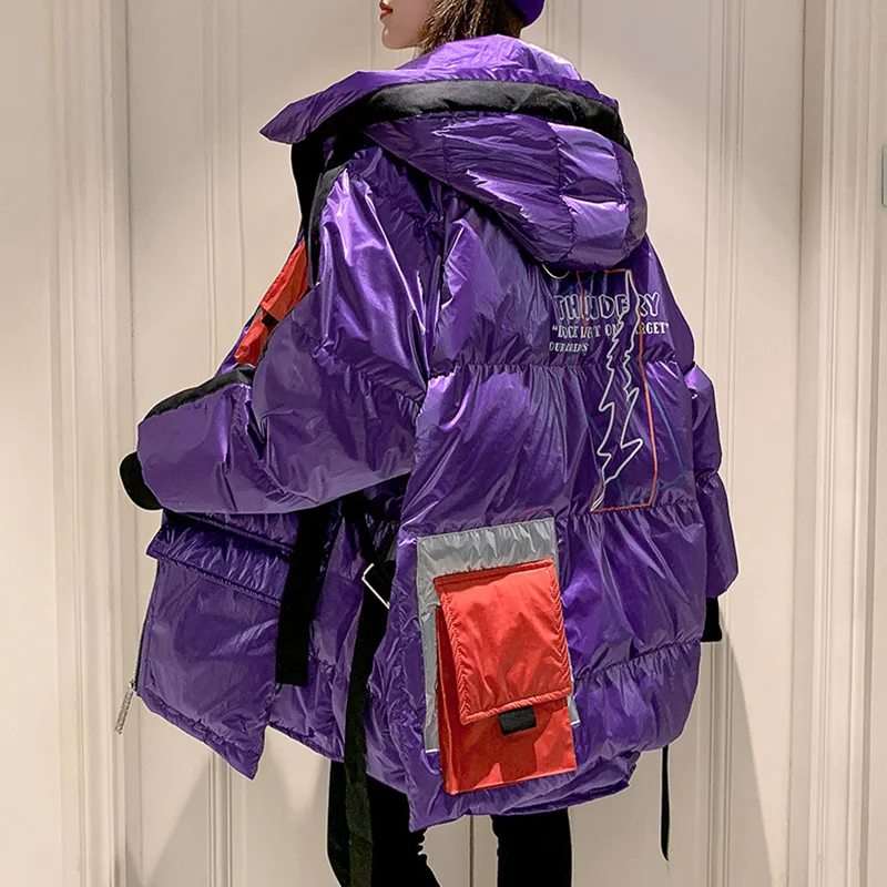 Winter Down Jacket Women Long Hit Color Striped Letter-print Warm Padded Parka Female Plus Size Winter Cotton Outwear