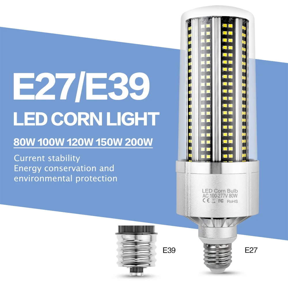 200W 150W Warehouse Lights E39 E40 Super Bright Corn Bulb E27 80W 100W 120W Factory Basement Lighting 2835 SMD AC 85-265V Light