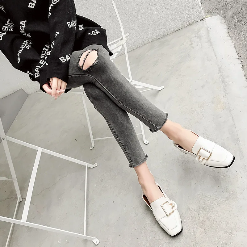 

2019 Autumn And Winter New Style Small Single Shoes Double Purpose Method England Small Leather Shoes Pearl Buckle Chunky Docume