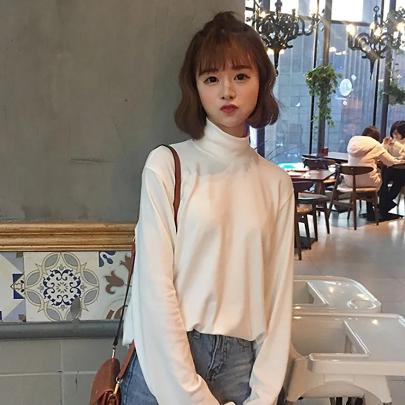 

Women Solid Color Bottoming T-shirt Autumn Long Sleeve Basic Tops SHalf Turtleneck Korean Loose Pullovers Tops