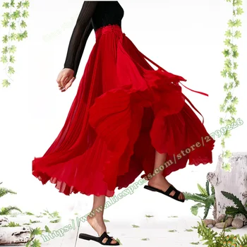 

2020 Spring and Summer High Quality Fashion Sweet Elegant Red Chiffon Large Big Hem High Waist Pleated Long female Skirt women