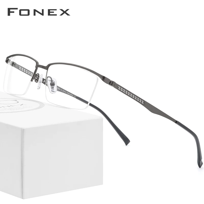 Оптические очки по рецепту из FONEX сплава, сверхлегкие полуоправы, квадратные очки для близорукости, оправа для мужчин, мужские металлические очки 9286 - Цвет оправы: Серый